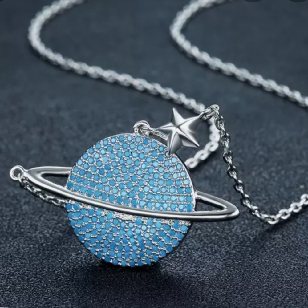 UMODE White Gold Plated Saturn Crystal Planet & Star Pendant Necklace